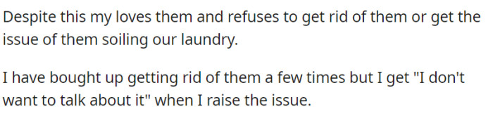 Despite the persistent issues with the cats soiling the laundry, OP's spouse maintains a deep affection for the feline companions and refuses to engage in discussions about finding a solution or rehoming them.