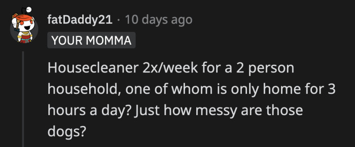 How much mess does she and her two dogs make in a day to require additional help from OP?