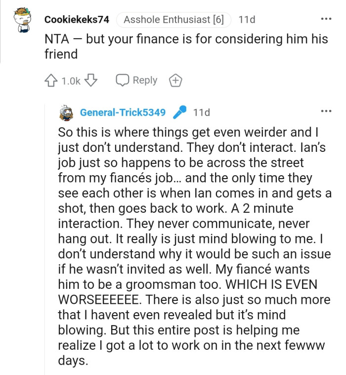 OP's fiancé should really reconsider this friendship