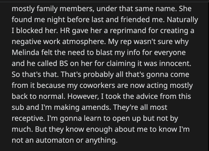 OP's rep was confused why Melinda felt she had to divulge details of a coworkers personal life at work. Melinda was given a formal reprimand, nothing more.