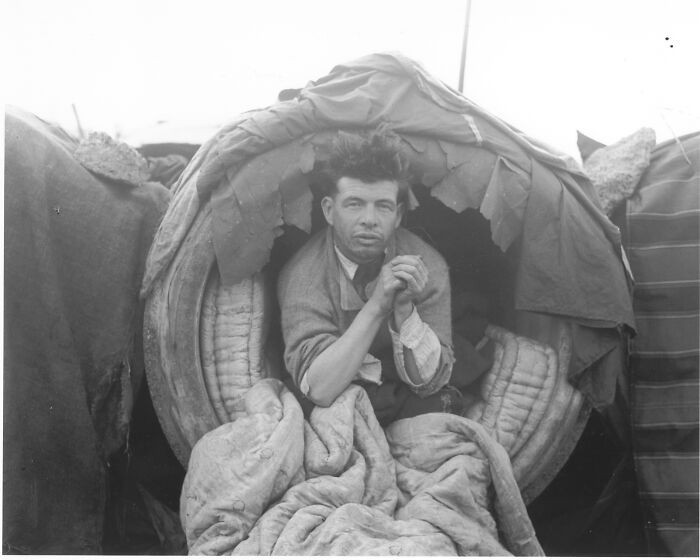 "Man In His House In Pipe City, Oakland, 1932. Roughly 200 Men Were Allowed To Lived In Sections Of Unused Sewer Pipes By The American Concrete And Steel Pipe Company"
