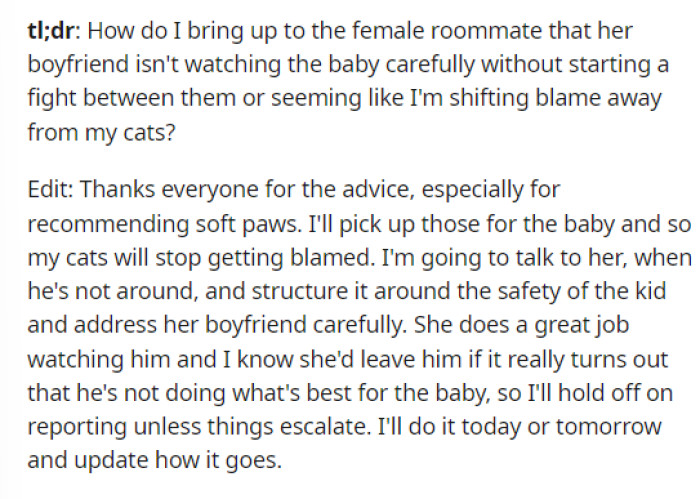 OP added an edit after reading the comments that people left on her post, giving her advice on the situation.