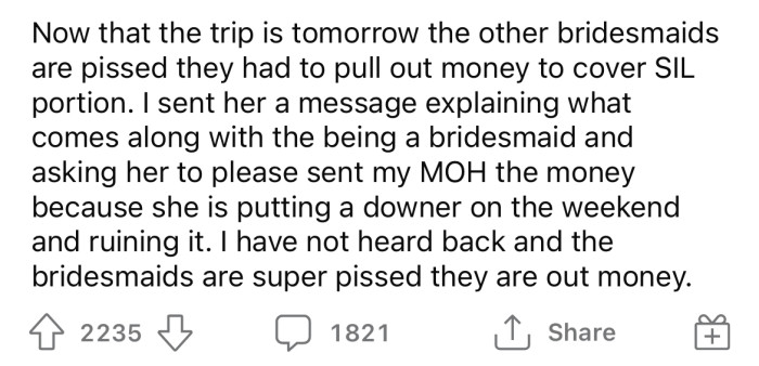 Now the OP is upset because her SIL is refusing to pay.