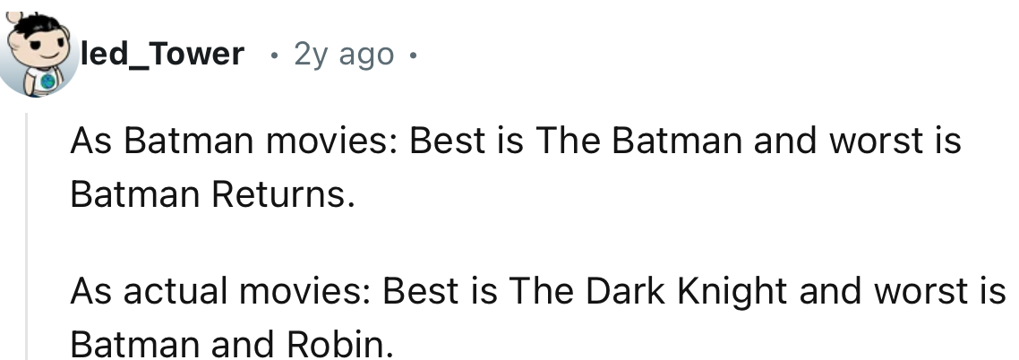 This Redditor decided to differentiate between Batman movies and actual movies
