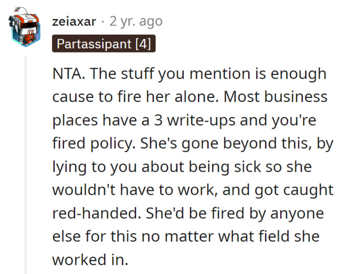 Marie's on a one-strike policy: caught red-handed, job handed over.