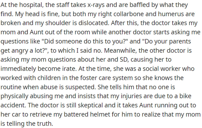 In the hospital, medical staff discover an unusual set of injuries; one doctor questions OP about potential abuse.