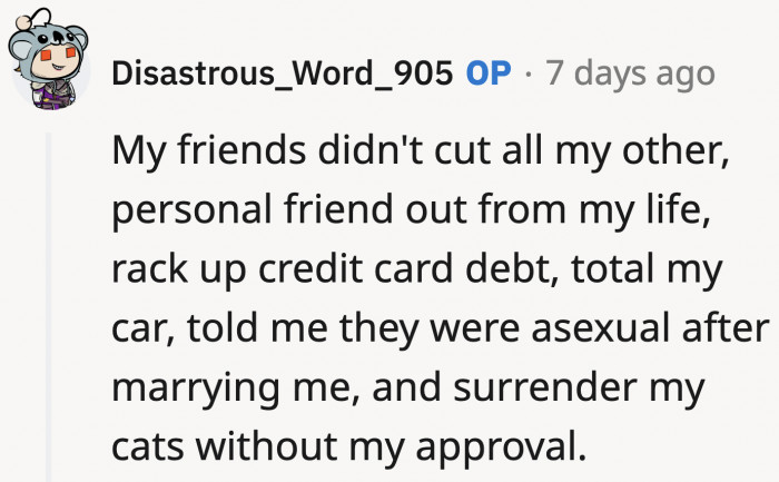 OP has a running tally of his wife's transgressions. This doesn't scream long-lasting marriage.