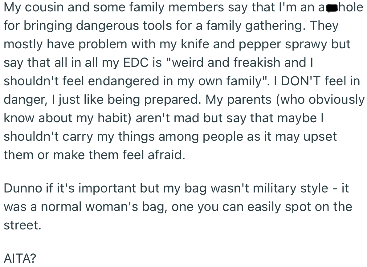 OP’s Family Slammed Her for Bringing “Dangerous Tools” to a Family Gathering. However, She Argued That She Likes Being Prepared for Emergencies.