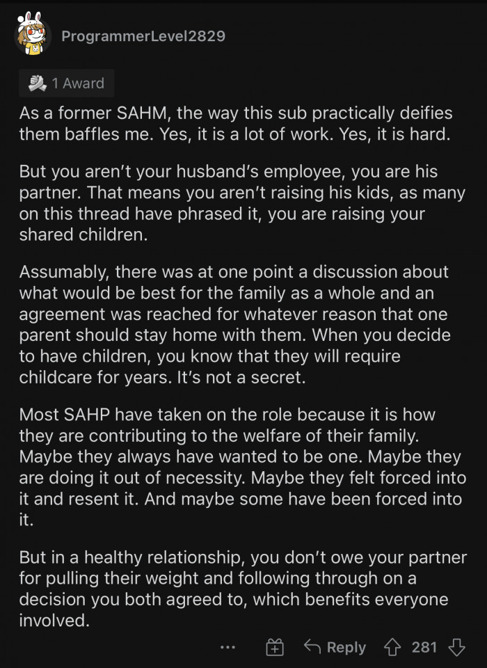 Stay-at-home moms are not their husbands' employees.