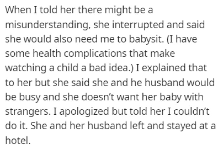 OP couldn't buy everything from the list, and she couldn't babysit the child