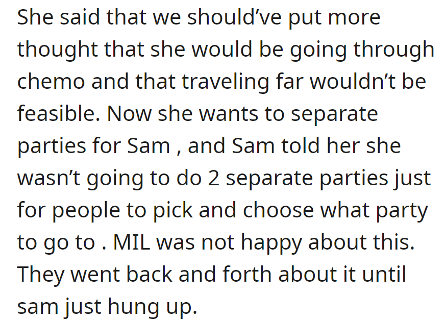 Beth, upset over chemo and travel, suggested separate parties; Sam refused, leading to a heated exchange, and Sam hung up.