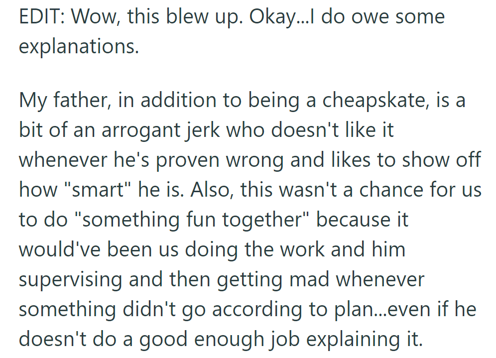 Post gains traction, clarifying father's traits: frugal, arrogant, and resistant to being wrong. Proposed activity is not for bonding but for the father's control, causing frustration.