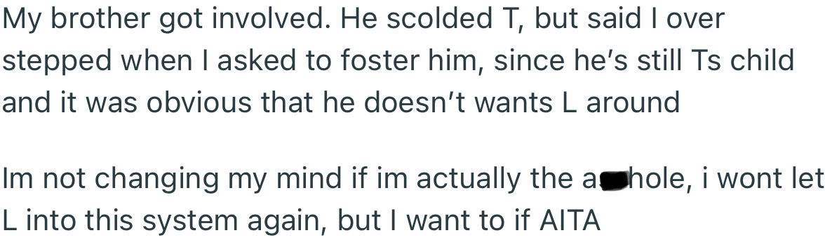 OP’s other brother stepped in to settle the matter. While he scolded T for not taking responsibility for the child, he slammed OP for overstepping boundaries