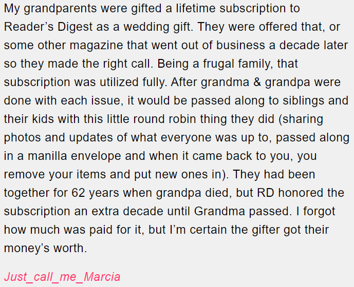 3. Subscription to Reader’s Digest.