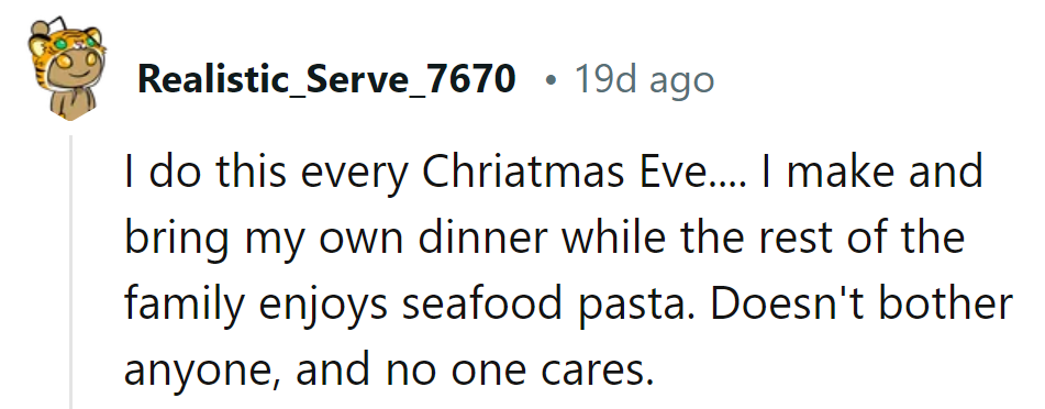 Christmas Eve tradition: DIY dinner while the family savors seafood pasta. No fuss, no muss, just festive feasting!