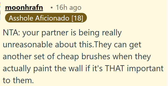 The partner is making a huge deal out of paintbrushes that were never even being used