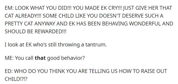 Amidst demands to hand over the cat to the crying child, OP questioned EK's behavior, leading to a confrontation with the entitled dad.