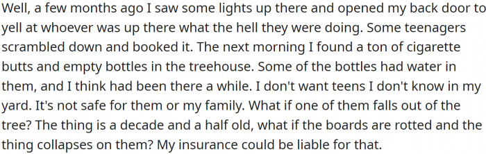 It had been years since any of OP's kids had been in the treehouse, but one night he spotted lights up there and discovered teens smoking and leaving empty bottles in the treehouse, which he felt was unsafe.