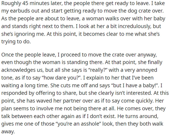 Just as a seat became available, a woman with a baby tried to take it. OP offered to share it, but the woman angrily left