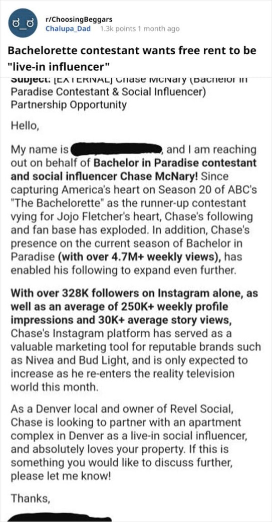 11. Bachelorette contestant seeks free accommodation in exchange for being a live-in influencer.