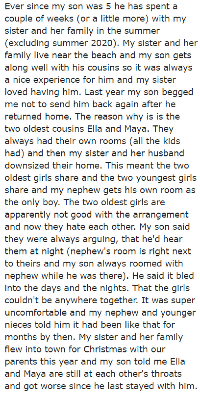 The OP's son has spent the past summers at her sister's home. But this time, he doesn't want to go.