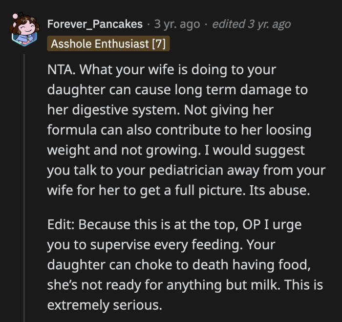 Initial comments focused on what OP should do if his wife insisted on feeding their baby solid food.