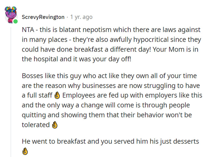 Blatant nepotism and hypocrisy; they could've rescheduled breakfast.