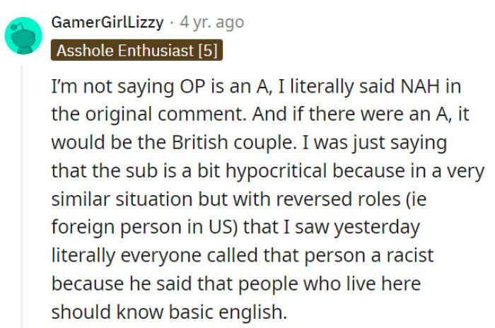 OP isn't the A here; the British couple should brush up on their language skills.