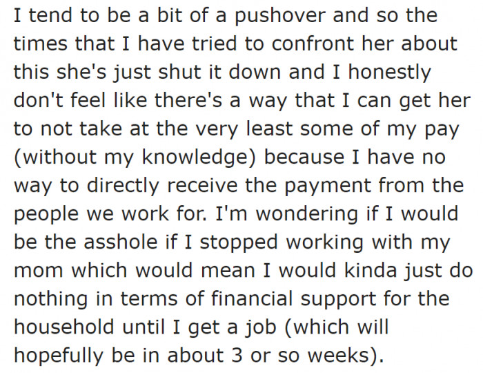 The OP intends to quit the cleaning job and hopes that another job comes by.