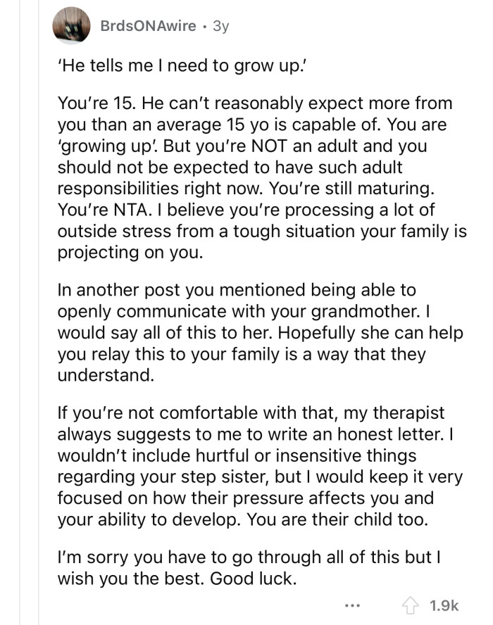 OP's family is projecting a tough situation on her.