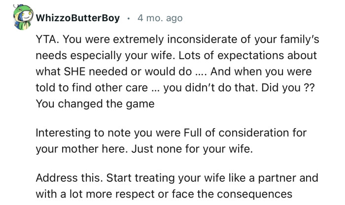 “You Were Extremely Inconsiderate of Your Family’s Needs, Especially Your Wife.”