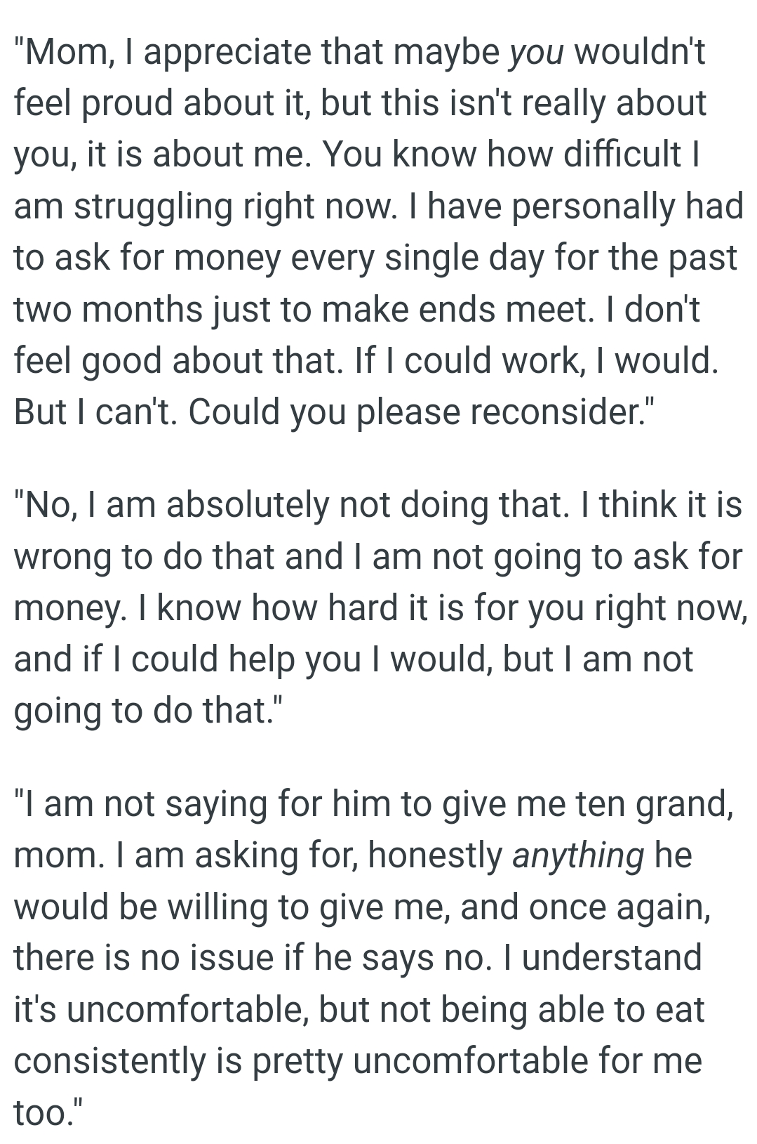 OP's Mom Won't Ask for Money