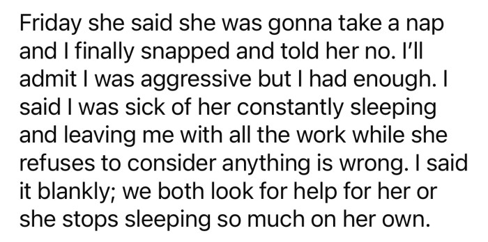 OP eventually had enough of the napping and aggressively expressed how he felt to his girlfriend, which she didn't take well.