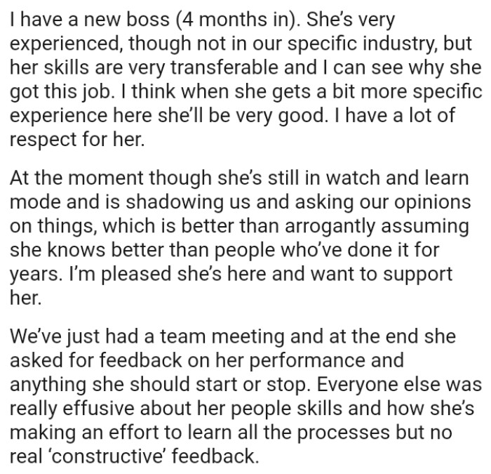 She’s still in watch-and-learn mode, shadowing us and asking for our opinions on things