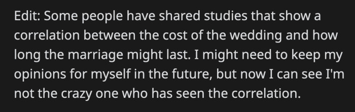 Seeing the cited research supported OP's anecdotal belief that expensive weddings are unlikely to result in successful marriages, but she plans to keep her opinions to herself in the future