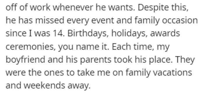 Her father can take time off work whenever he wants but he still missed every important event in OP's life since she was 14