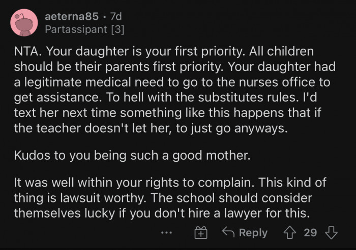 OP's daughter had a legitimate medical need.