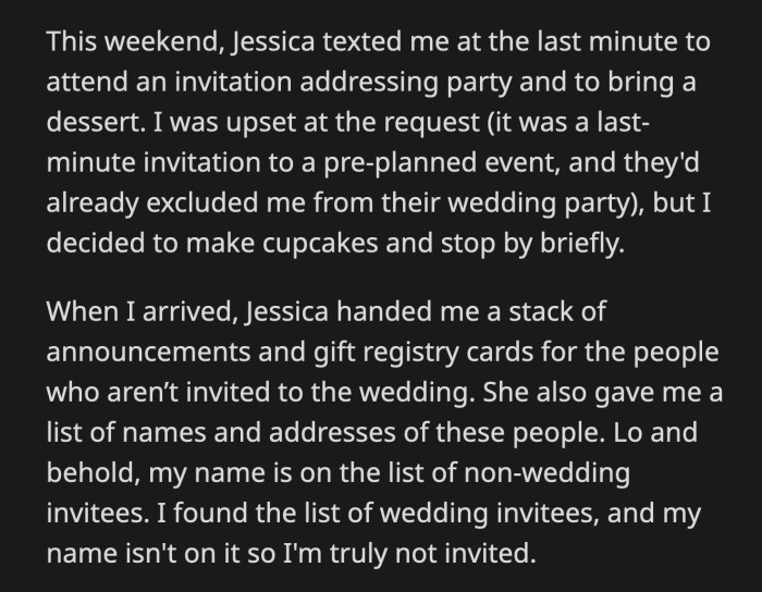 OP was handed a stack of announcements and gift registry cards meant for people who aren't invited to the wedding. OP's name was on that list. She will not be a guest at her brother's wedding.