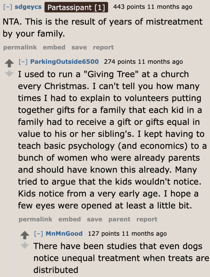 Parents should always give gifts of equal value to each of their children during celebrations that involve gifts.