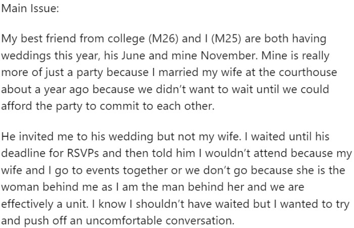 OP is facing a dilemma concerning his best friend's wedding.