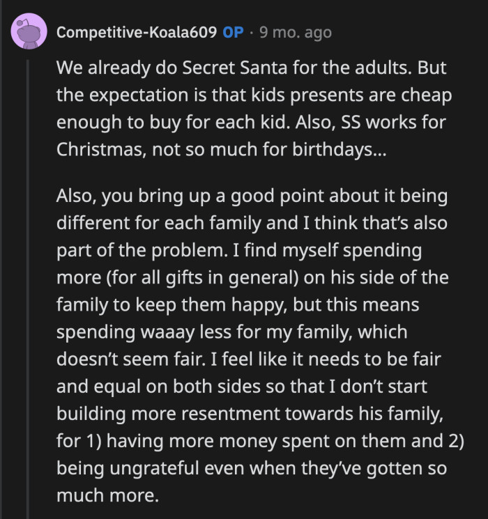 It seems as though OP's issue with this stems from the amount they spend on her husband's nieces and nephews and their reactions to those gifts.