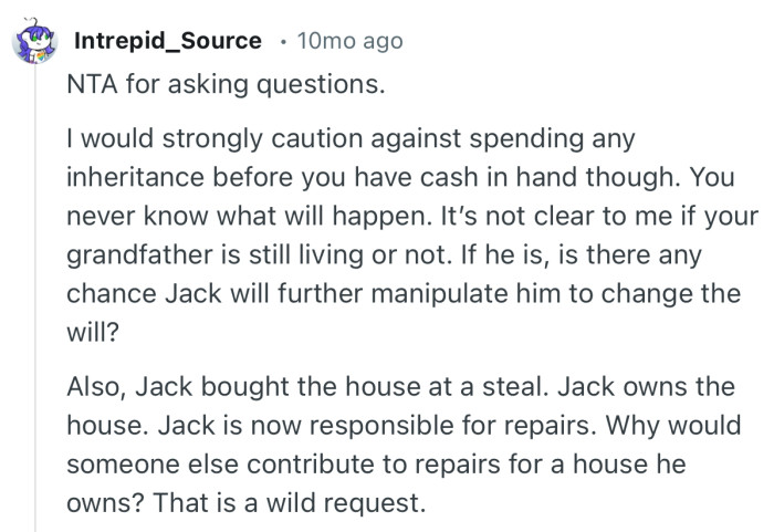 “Why would someone else contribute to repairs for a house he owns? That is a wild request.”