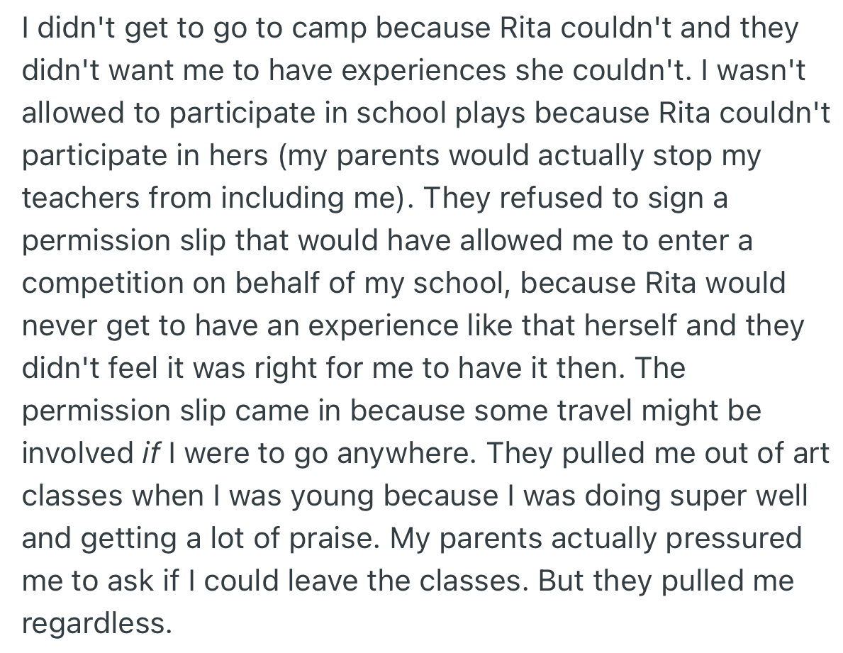 OP lost out on many things due to her parents forcing her to settle for less in order to please her disabled sister.
