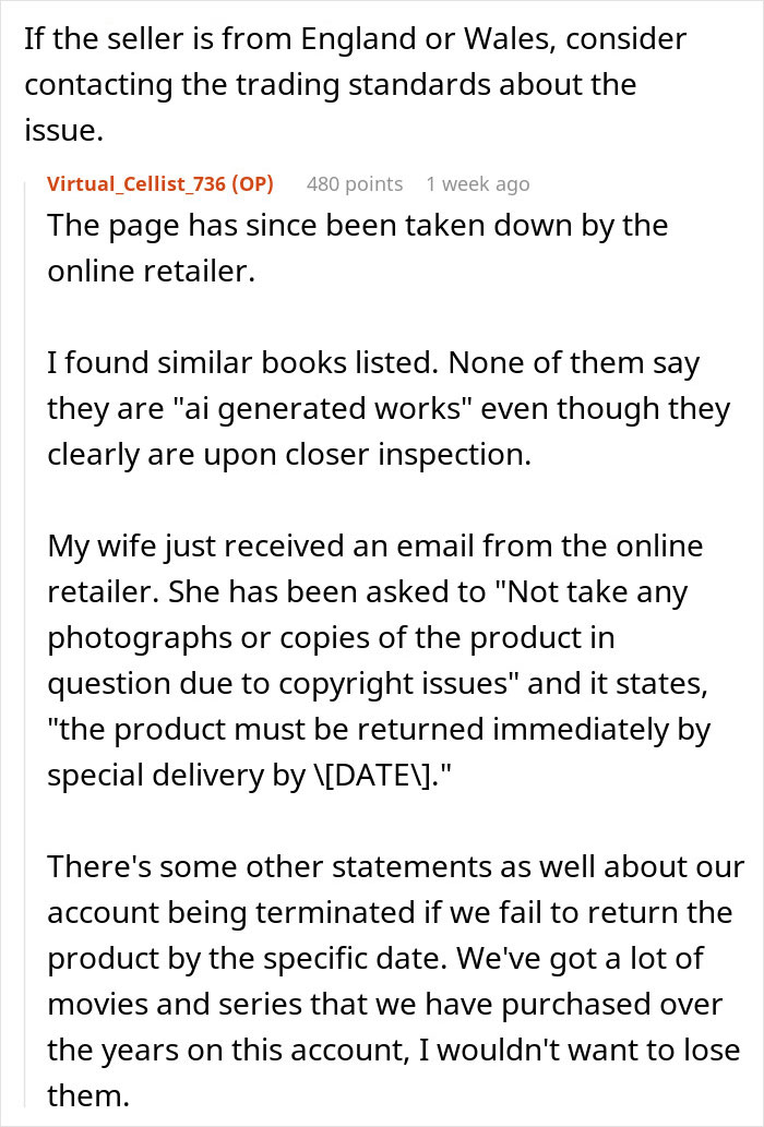 The retailer insisted that they return the book, or their account will be suspended.
