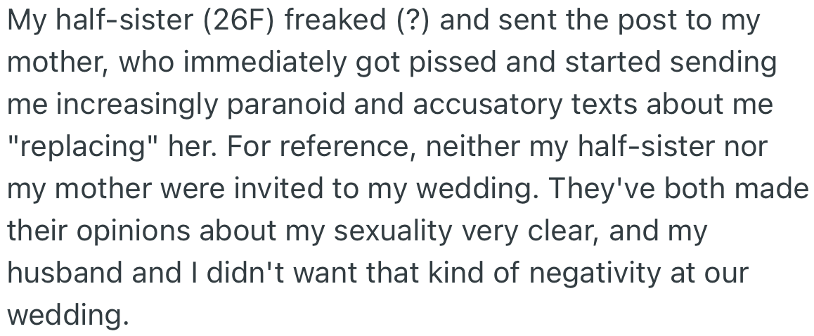 OP’s half-sister showed the Instagram post to their mom. She got angry and sent text messages to OP saying he was replacing her.