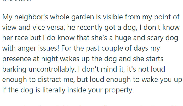 However, this annoys the dog her neighbors just adopted. It barks whenever OP is on her balcony.