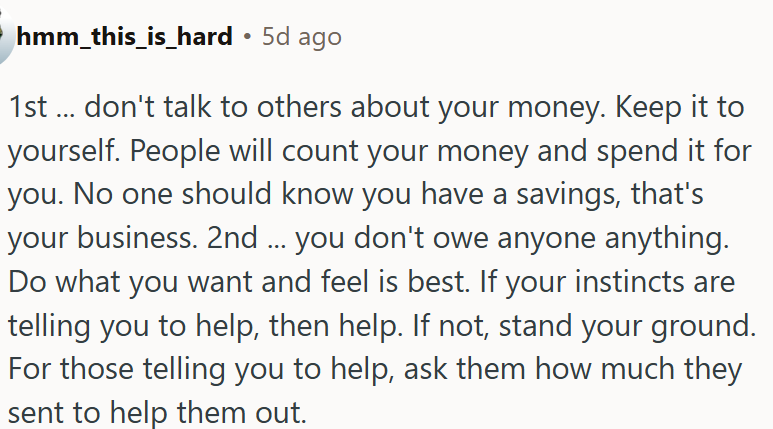 OP’s savings are nobody else’s concern - that’s her private matter.