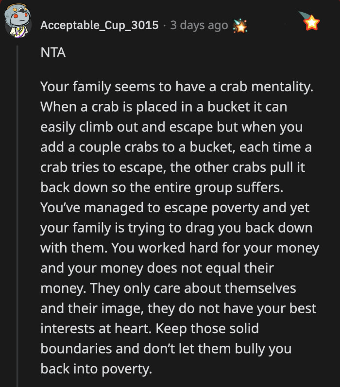 OP fought her way out of generational poverty, she shouldn't let her family drag her back into that life