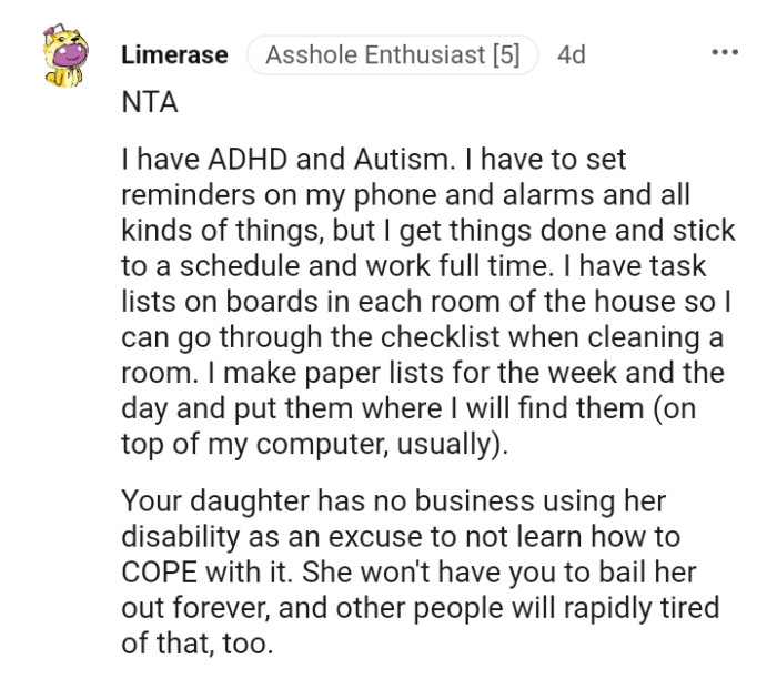 The OP's daughter has no business using her disability as an excuse.