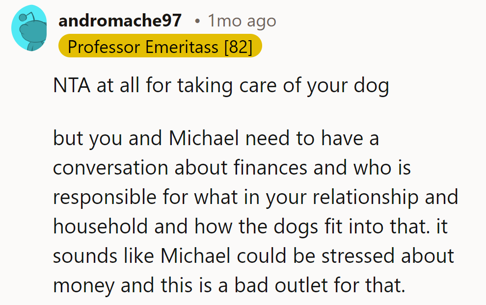 NTA for dog care, but a money chat is due. Michael's stress needs a healthier outlet.